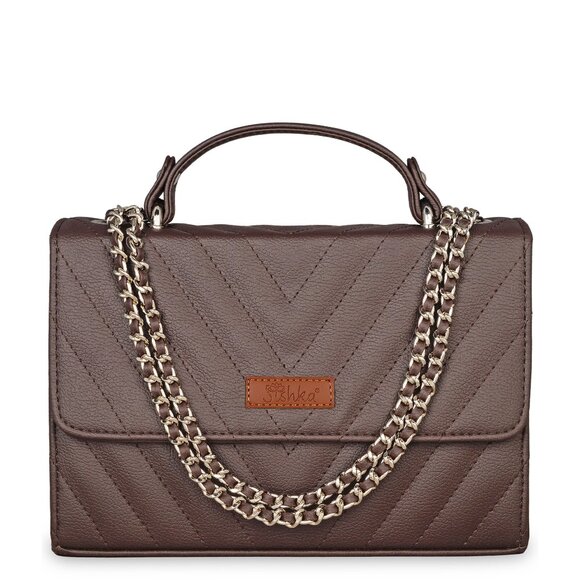 Vegan Leather Quilted Brown Colour Crossbody Bag – Women’s Top Handle Hand Bag - Picture 1 of 10